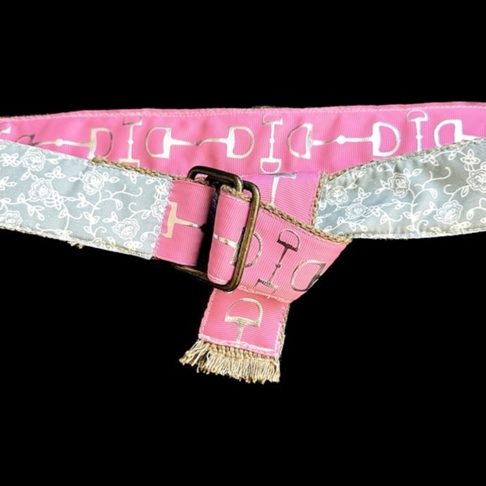 Preppy belt double sided with sage/gray floral and pink bits,adjustable 1.5”x39”